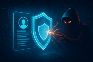 Futuristic digital identity profile protected by AI-powered shield blocking cyber threat hacker in a cybersecurity concept illustration.