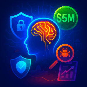 Electrified AI head glowing with orange neural circuits, surrounded by neon icons of cybersecurity shields, a $35M funding badge, a magnified bug, and a rising governance chart — set in a high-tech, cyber battlefield glowing in electric blues and purples.
