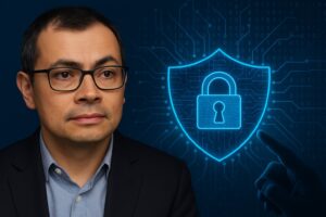 A digital composite image featuring Demis Hassabis, CEO of DeepMind, on the left side. He is wearing glasses and a navy suit, with a serious expression. On the right side, a glowing blue cybersecurity shield with a padlock icon is displayed against a dark background of digital binary code, symbolizing AI-driven cybersecurity. A silhouetted hand points toward the lock, suggesting interaction or activation.