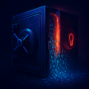 Isometric infographic of data vault linked to third-party platform breach