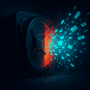 Infographic visualizing the LockBit breach timeline and its impact on the cybercrime supply chain, using vector terminals and network motifs.