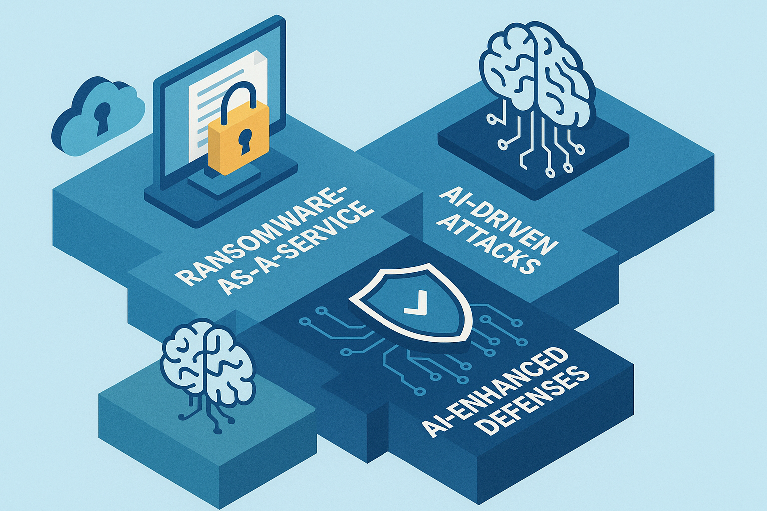 Infographic illustrating Ransomware-as-a-Service, AI-driven attacks, and AI defenses.