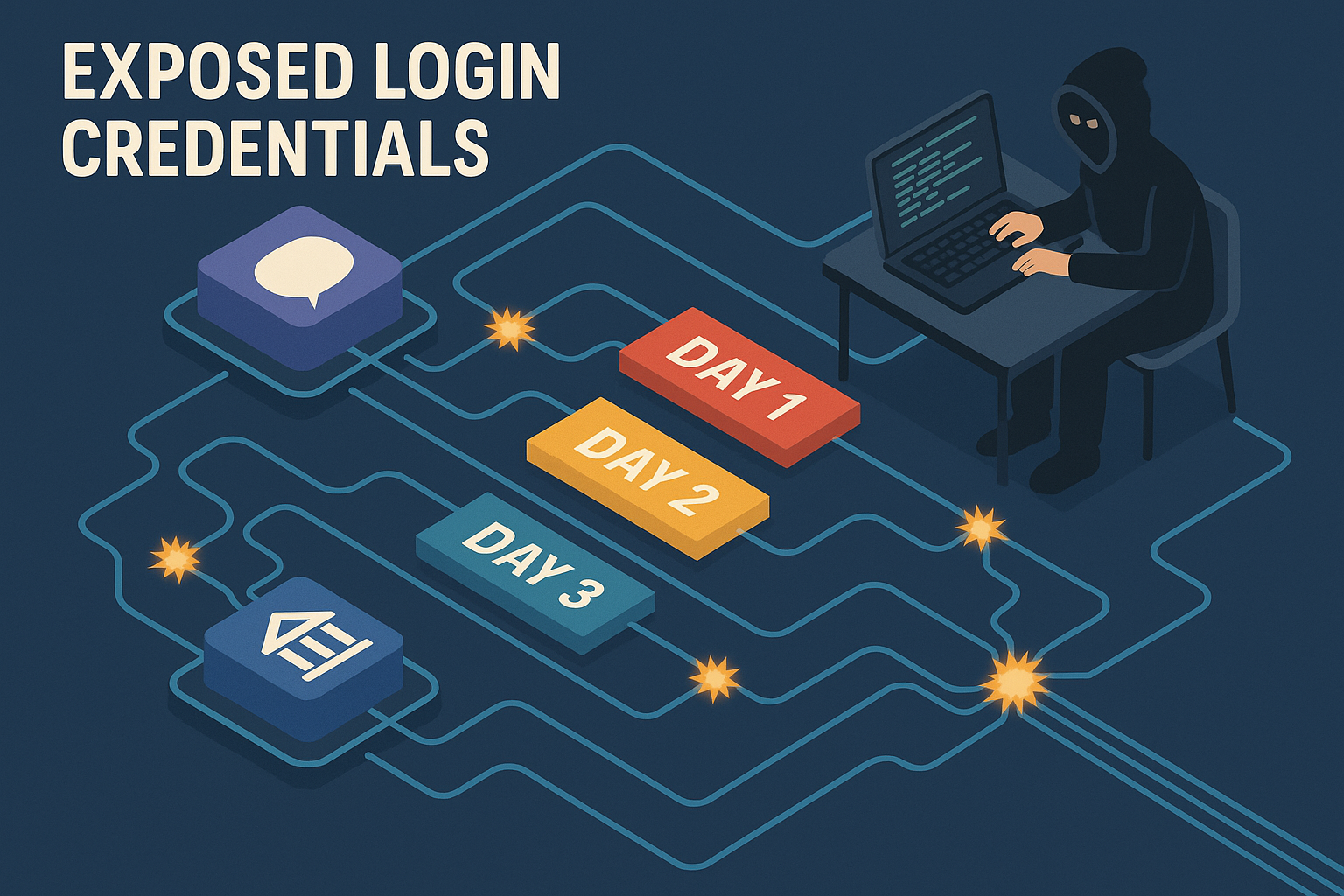 Infographic visualizing how leaked credentials flow from major platforms to attackers, highlighting the breach process and risk amplification.