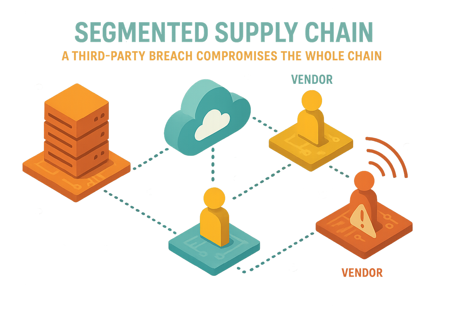 Infographic showing an isometric supply chain with a compromised vendor node affecting the entire cybersecurity ecosystem.