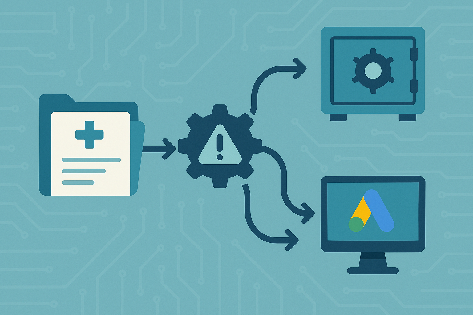 Flow diagram infographic showing healthcare data split between secure storage and ad tech due to misconfiguration
