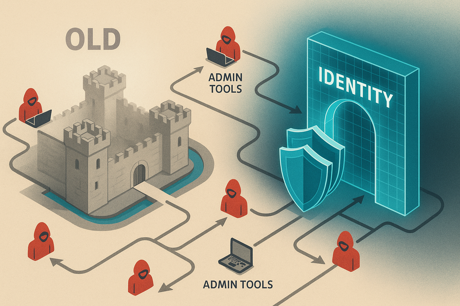 Infographic contrasting traditional perimeter defense with active identity layer protection in cybersecurity.