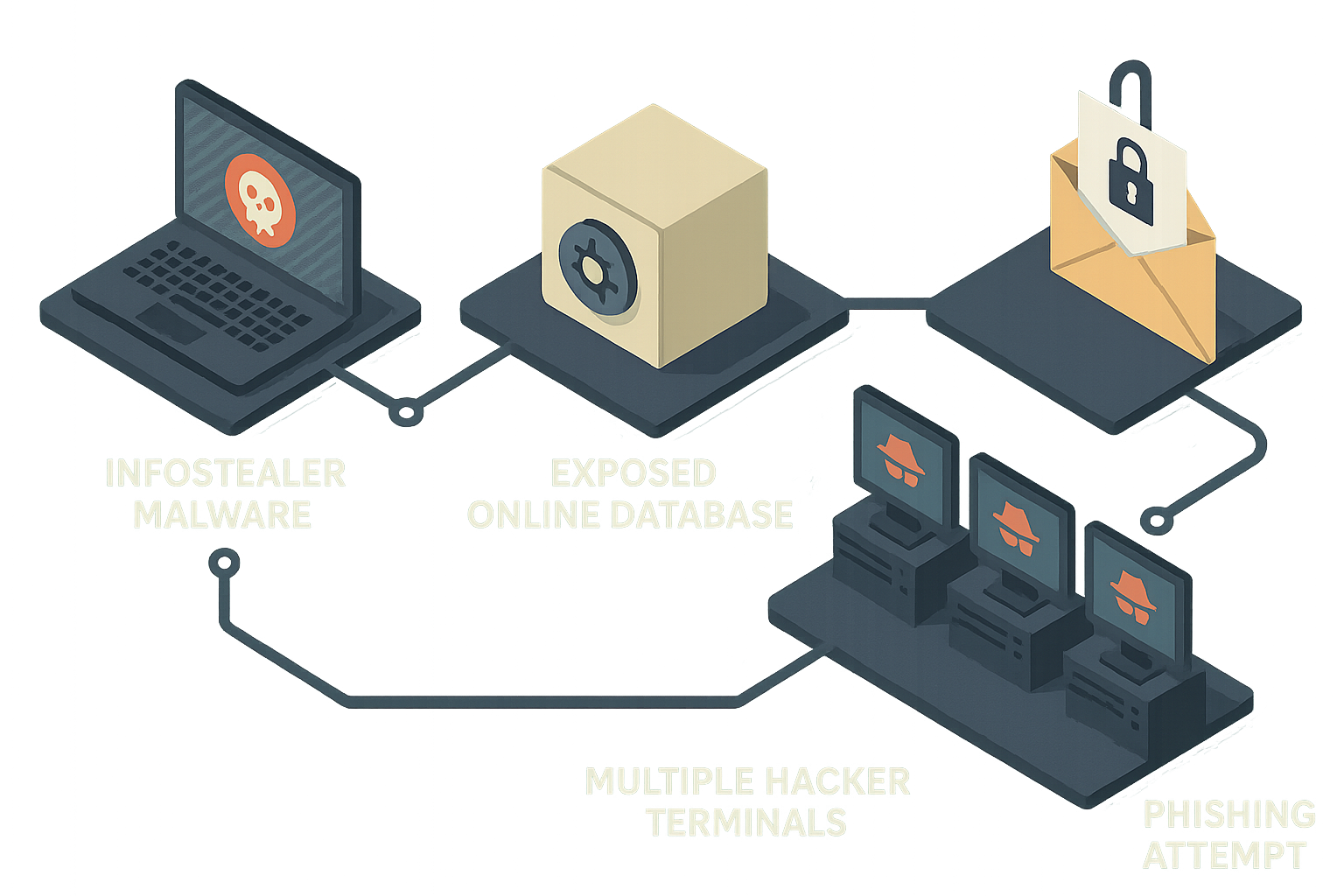 Infographic visualizing how stolen credentials move from malware-infected devices to open databases and hacker operations.