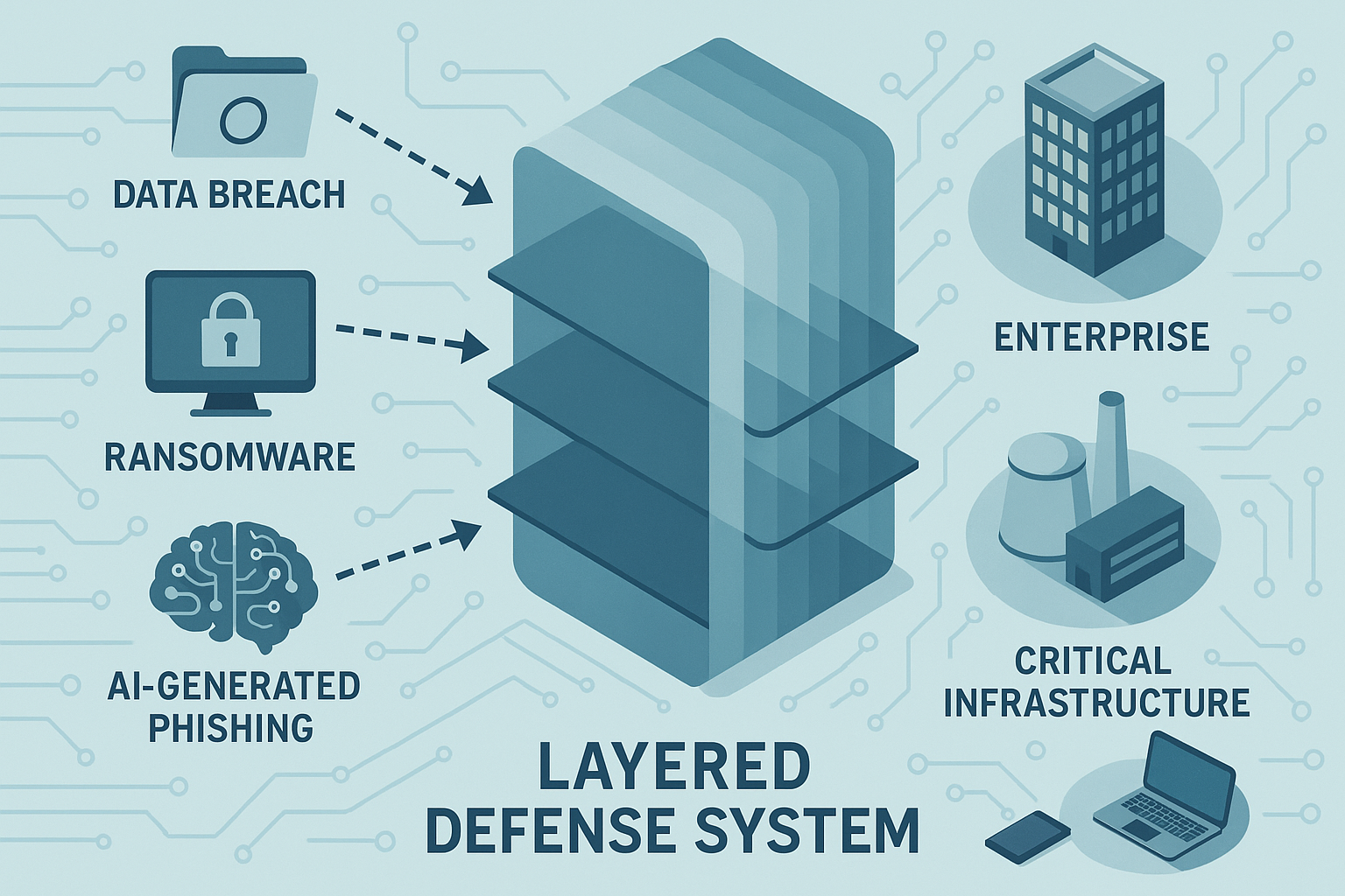 Infographic showing layered cyber defenses under attack by data breaches, ransomware, and AI phishing