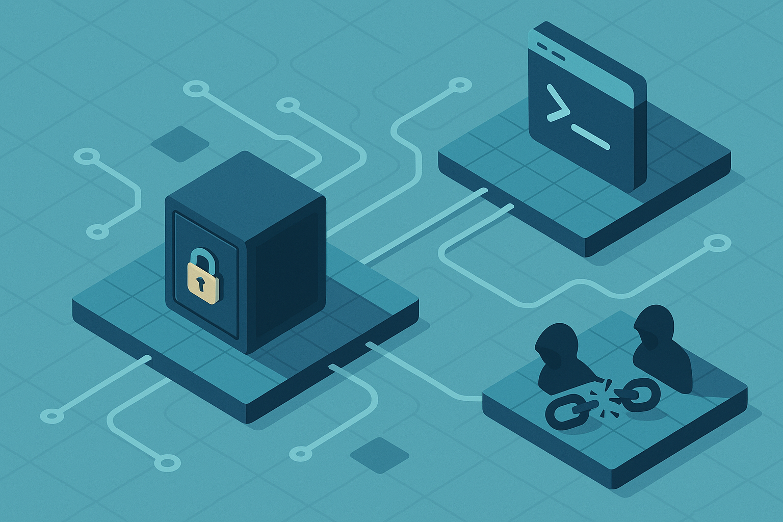 Isometric infographic of data vault linked to third-party platform breach