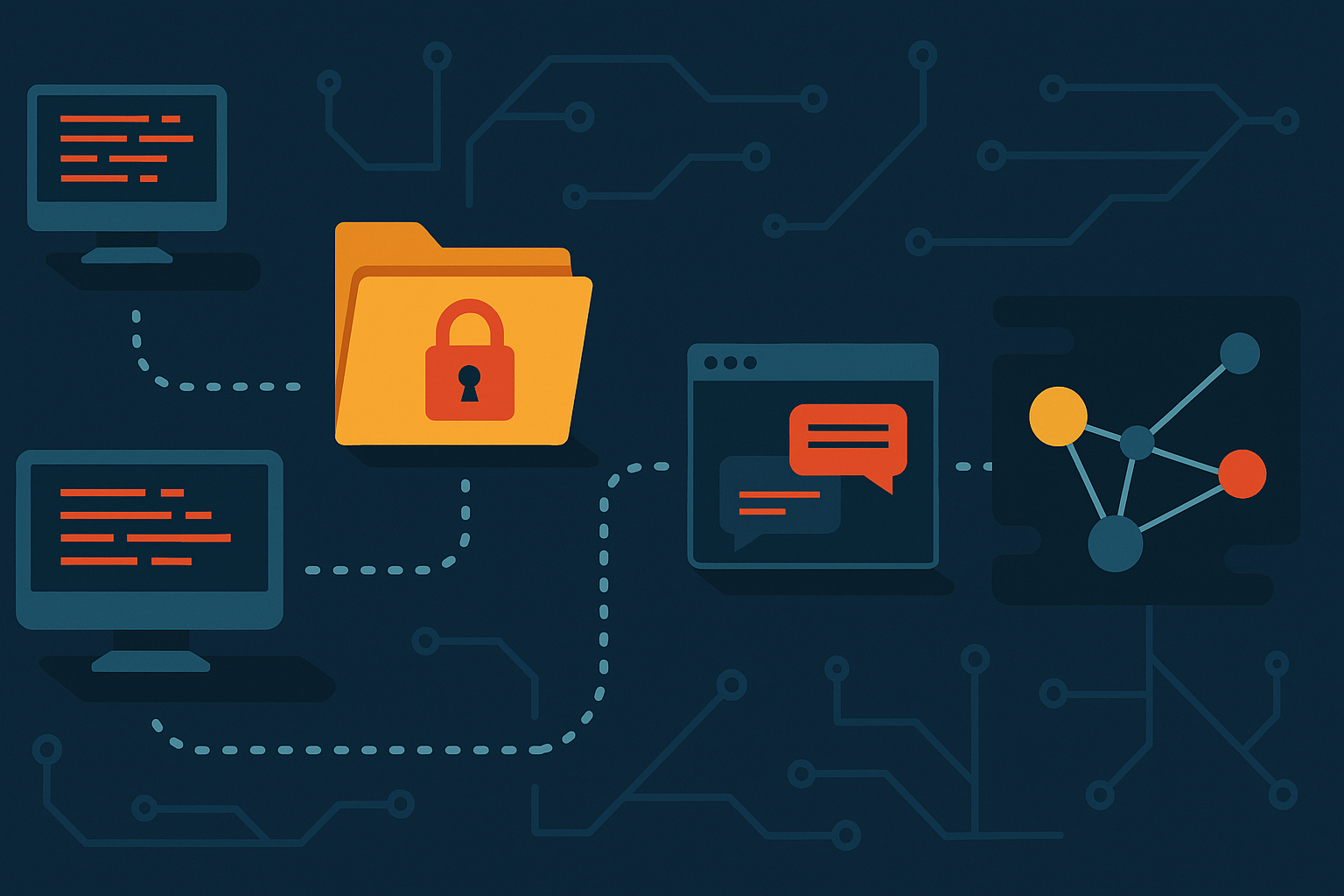 Infographic visualizing the LockBit breach timeline and its impact on the cybercrime supply chain, using vector terminals and network motifs.