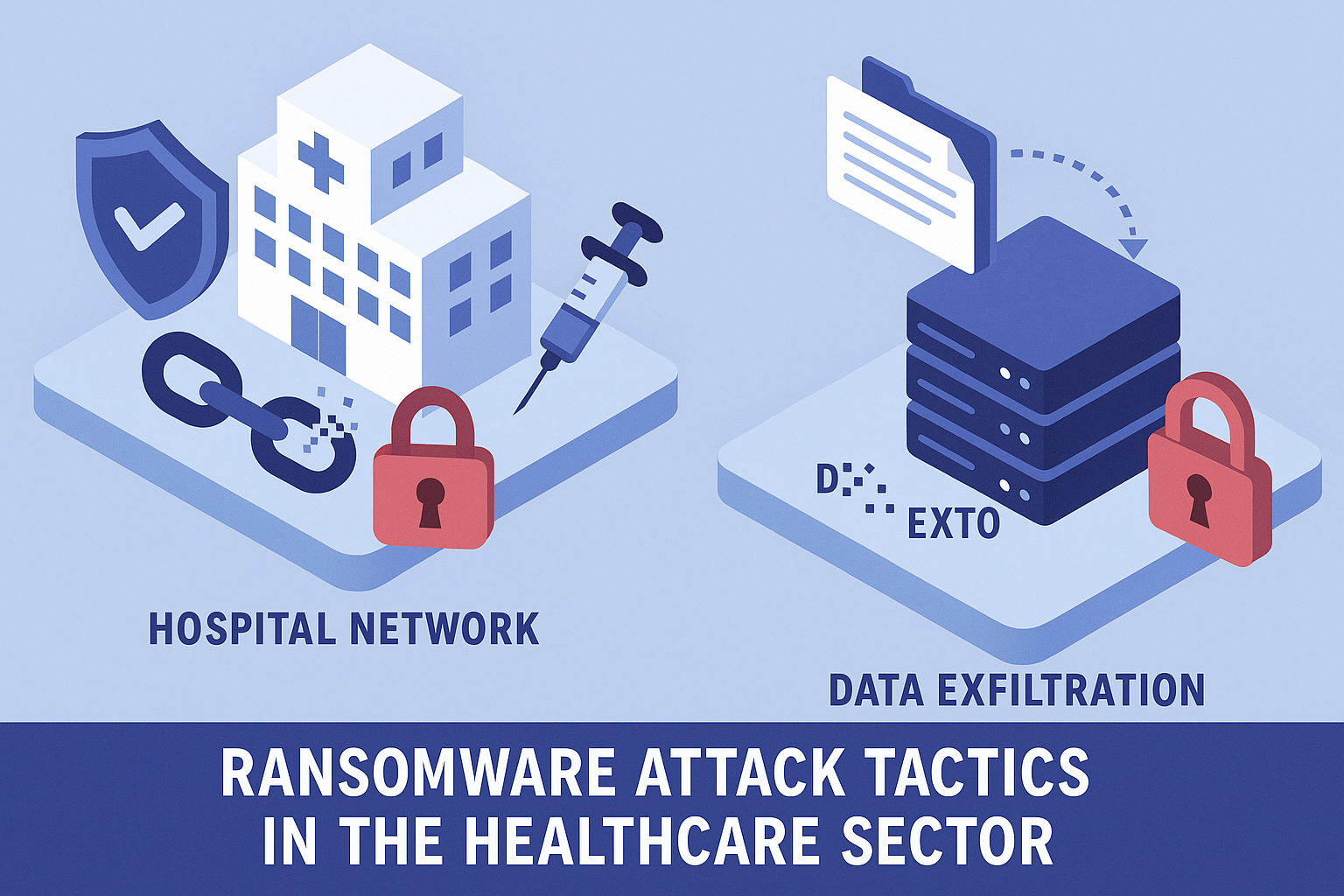 Infographic showing double extortion ransomware methods targeting healthcare data