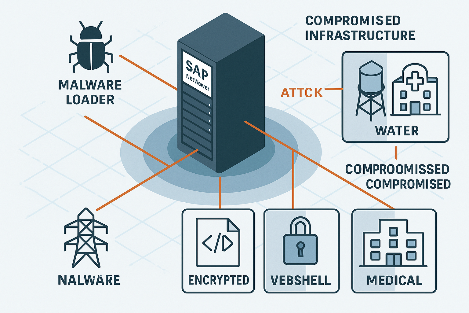 Isometric infographic of SAP NetWeaver exploitation pathway impacting critical industries