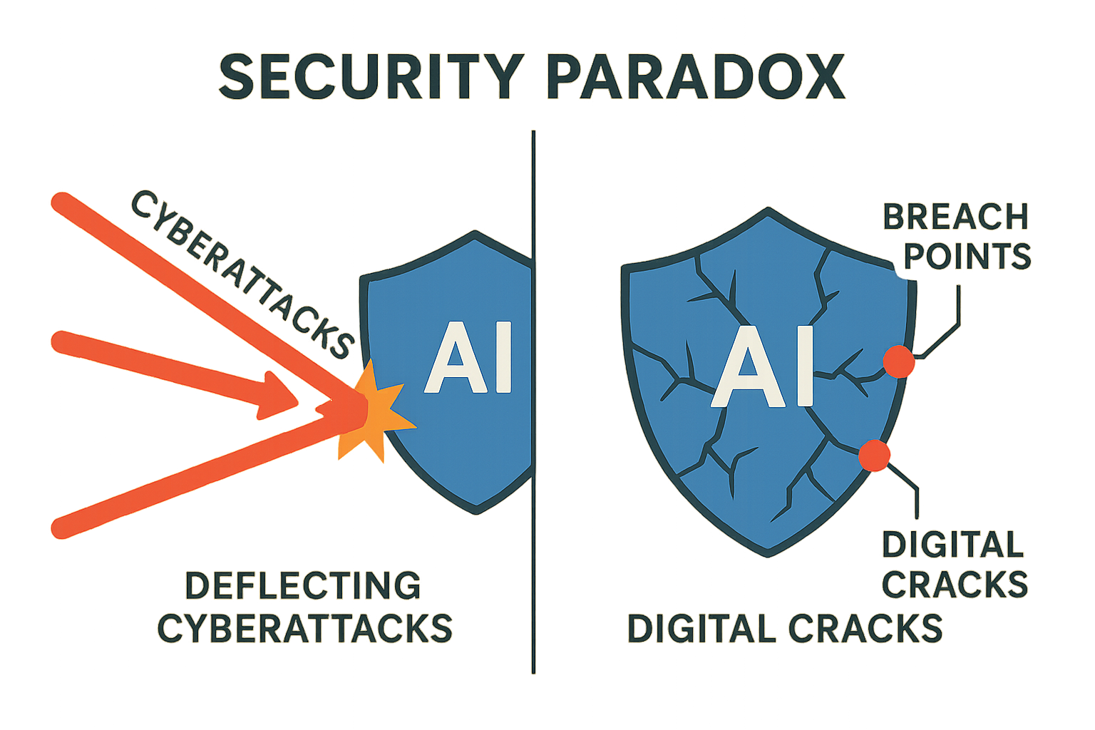 Infographic visualizing AI as both shield and vulnerability in cybersecurity