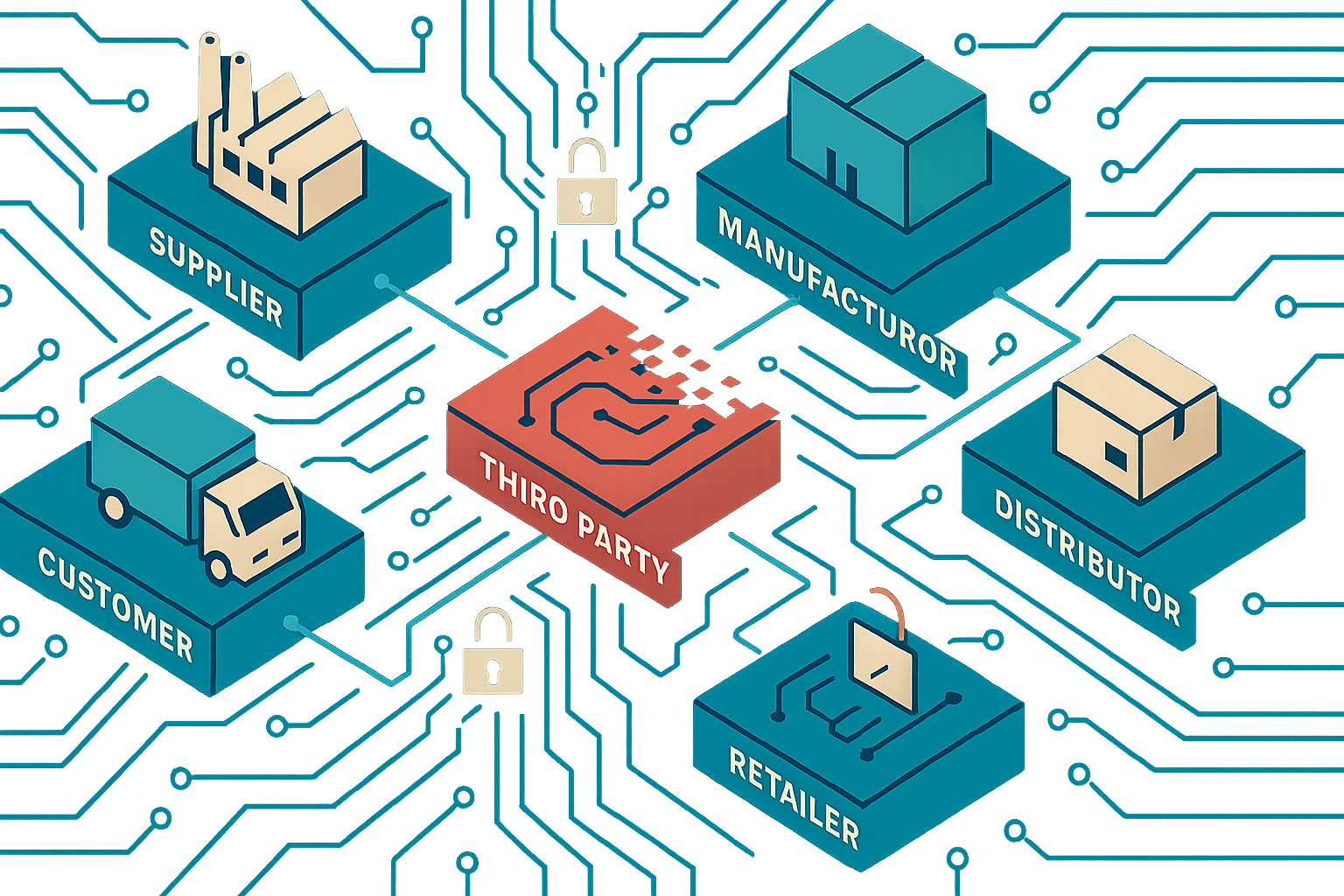 Isometric vector infographic showing a compromised third-party segment spreading risk through a digital supply chain