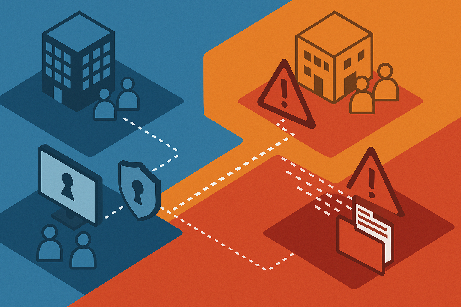 Vector infographic of a company’s network compromised by a breached third-party vendor, highlighting risk pathways.