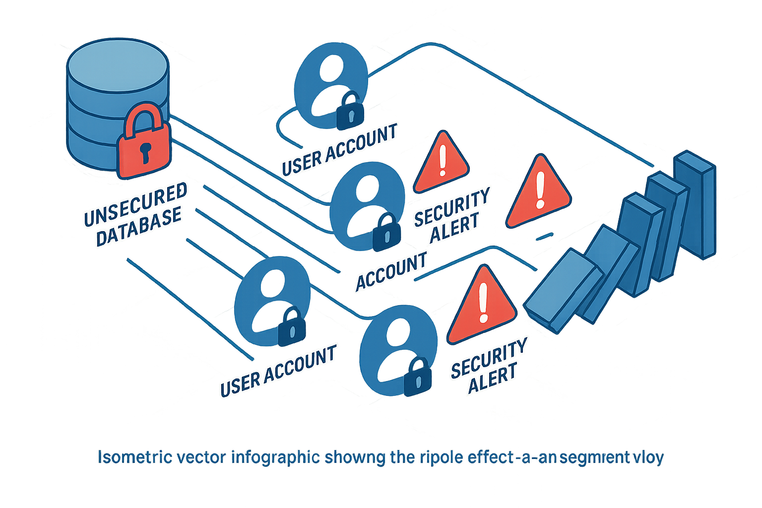Isometric infographic depicting how an unsecured database breach causes a domino effect of compromised accounts illustrated with digital locks and alerts.
