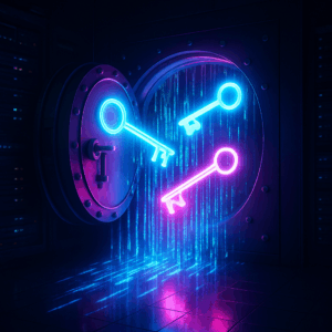 Infographic showing secure vs. unencrypted password storage paths using vaults and circuit-breaker metaphors to illustrate data exposure risks.