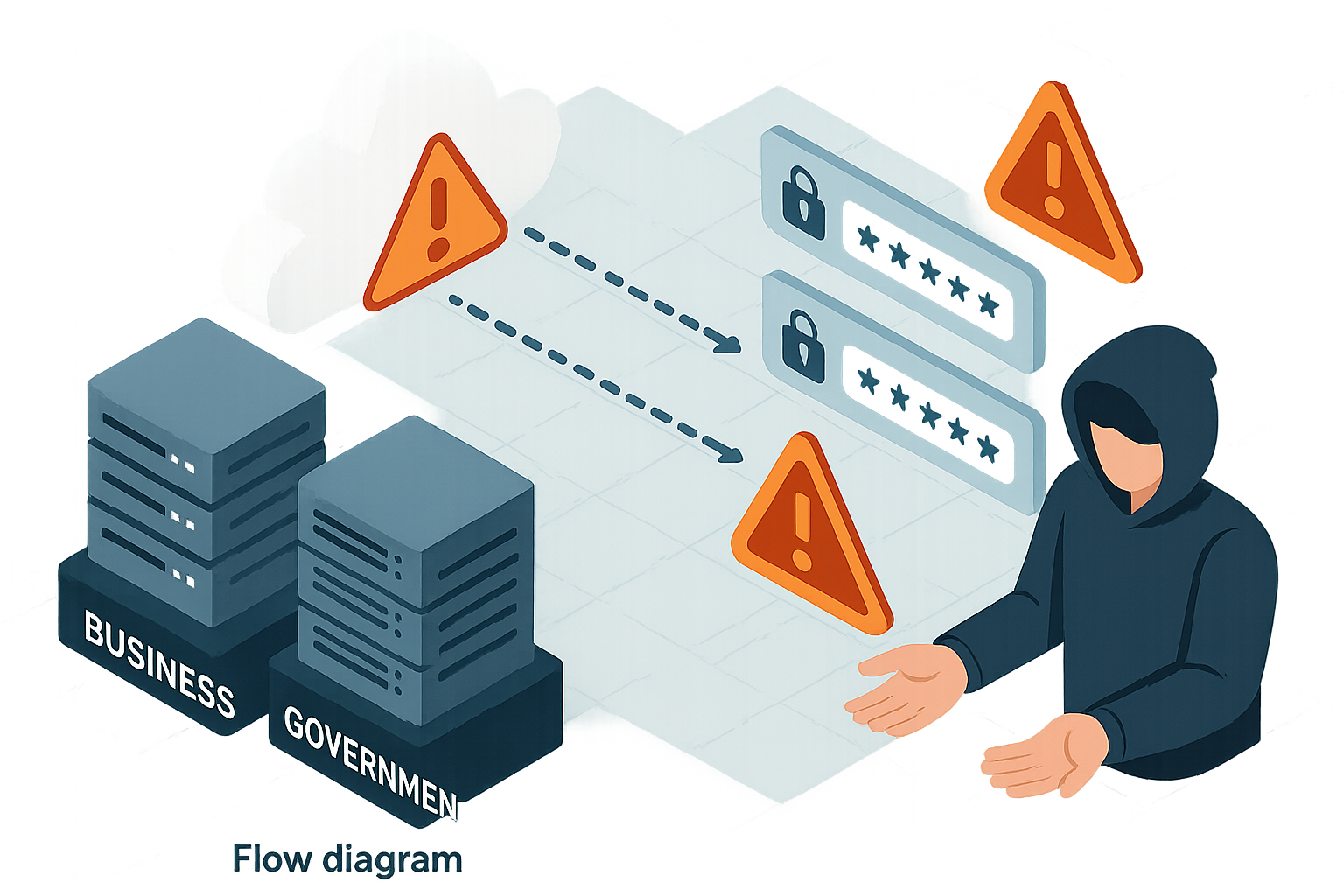 Isometric vector graphic illustrating how leaked passwords pass through cloud servers into hacker control