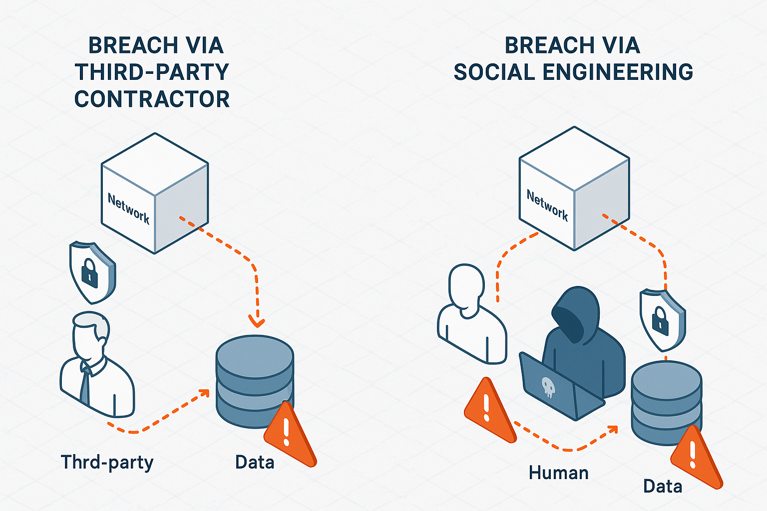 Isometric infographic comparing third-party and human-driven breach pathways in cybersecurity