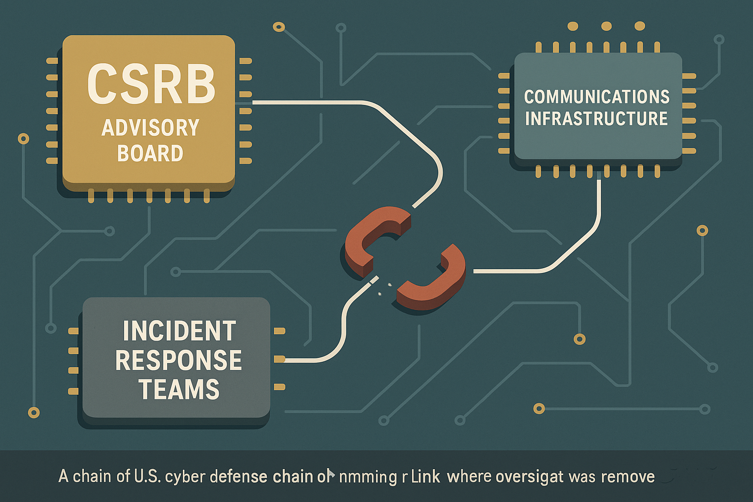 Isometric infographic depicting the breakdown in U.S. cyber defense oversight after the CSRB's dissolution