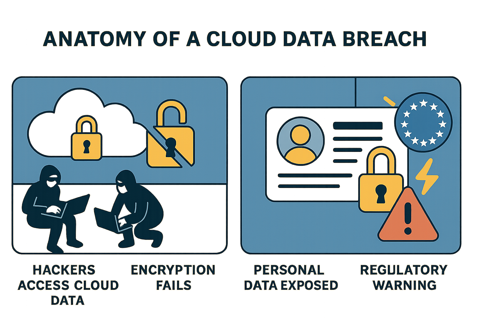 Isometric infographic illustrating stages of a cloud data breach, from hacker entry to data exposure and regulatory impact