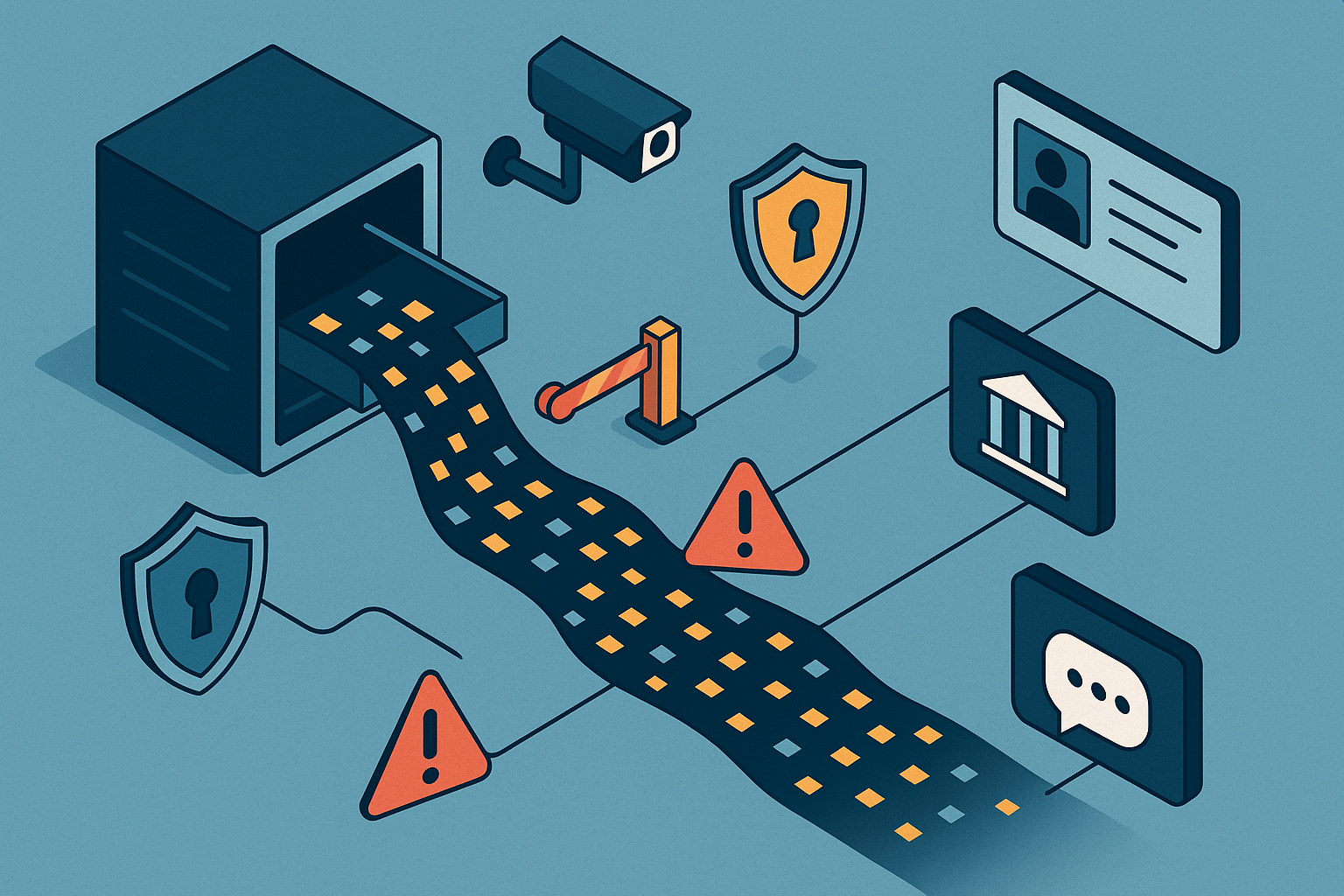 Isometric infographic illustrating how unsecured servers lead to data leaks affecting various personal and financial information