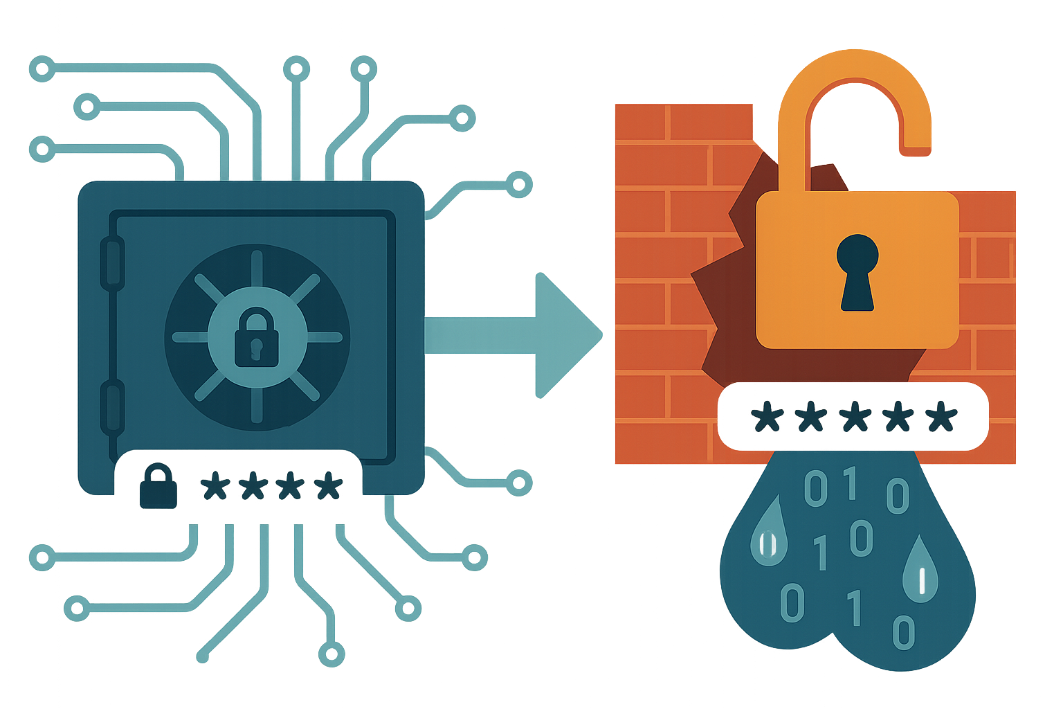 Infographic showing secure vs. unencrypted password storage paths using vaults and circuit-breaker metaphors to illustrate data exposure risks.